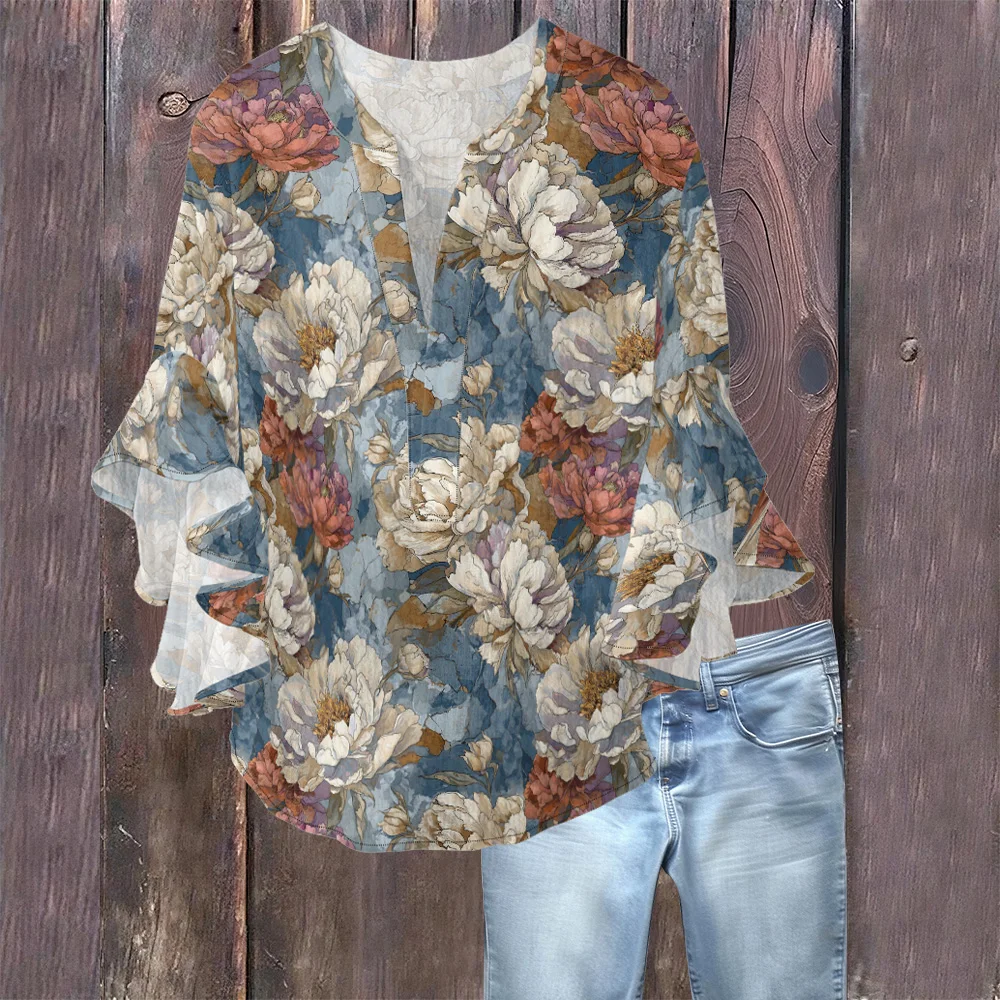 鮮やかな花柄 エレガントなフレンチスタイル ブラウス Vネック フラッタースリーブ ロマンチック ヴィンテージ レトロ レディース トップス カジュアルまたはデートナイト