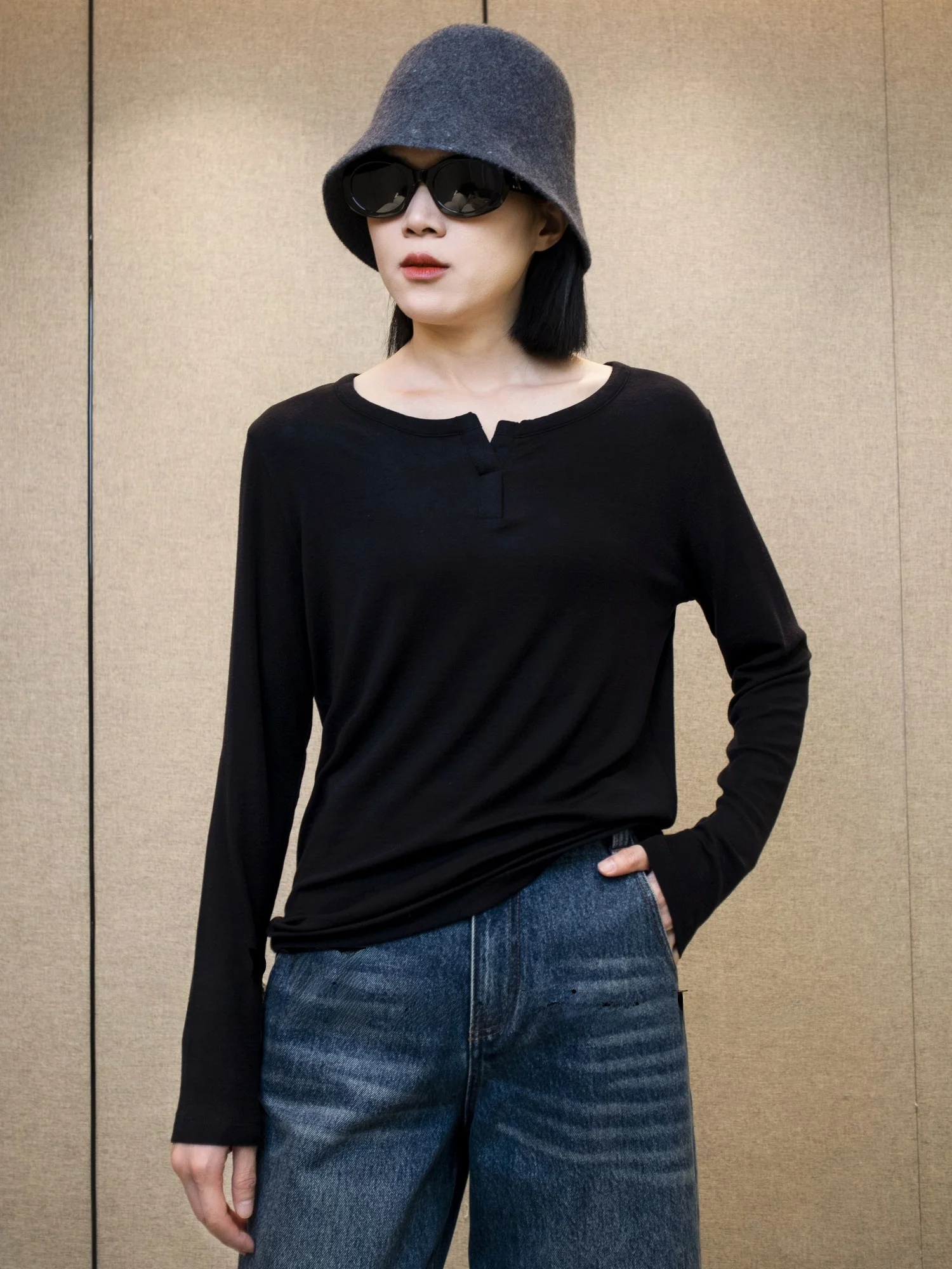 

Anz Ultra-Thin Wool Lyocell Long Sve T-irt Lightweight Warm Base Layer Open Front Four Seasons Women's Knitted Top