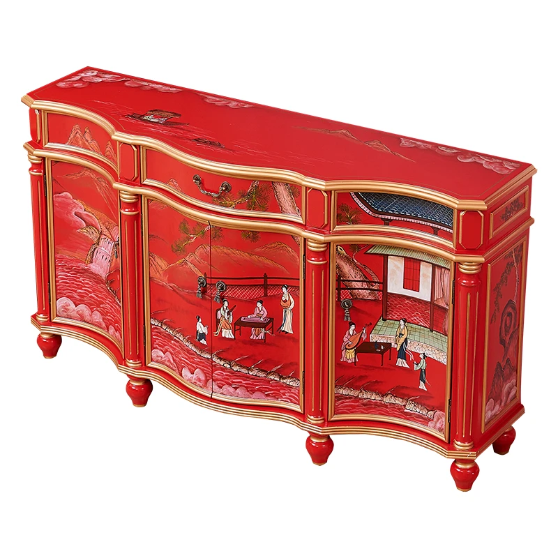 

Chinese Red Villa Home Curio Cabinet Hand Painted Golden Outline Foyer Doorway Sideboard Cabinet