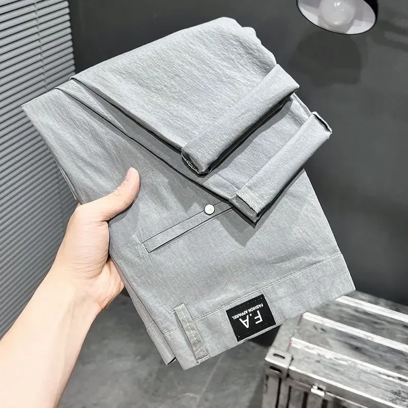 

2025 Summer Business Ice Silk Pants For Men Straight Leg Elastic Waist Casual Trousers Breathable Black/Gray Color Simple Male