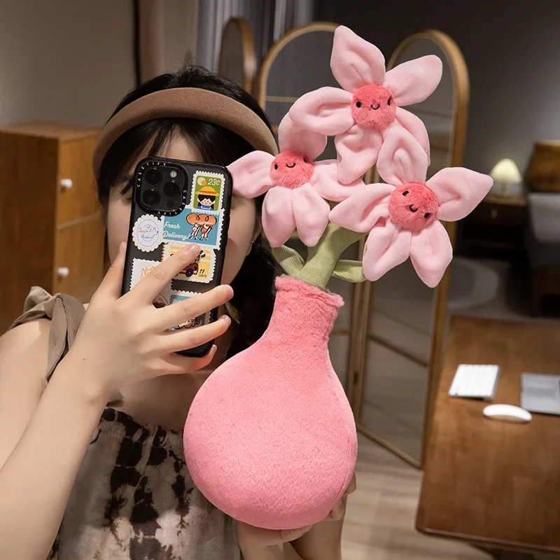 Criativo realista planta rosa pêssego flor brinquedo de pelúcia boneca bonito recheado vaso decoração do quarto fotografia adereços para meninas presentes
