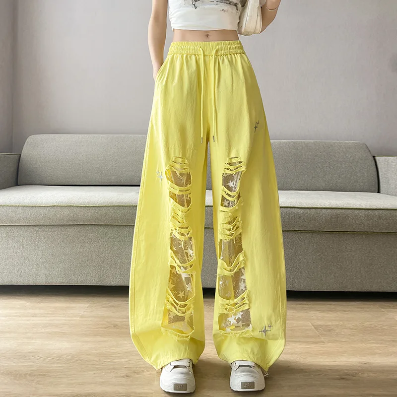 Fashion Lace Spliced Ripped Hole Women Pants New Personalized Streetwear Elastic Waist Loose Trouser American Style Casual Pants