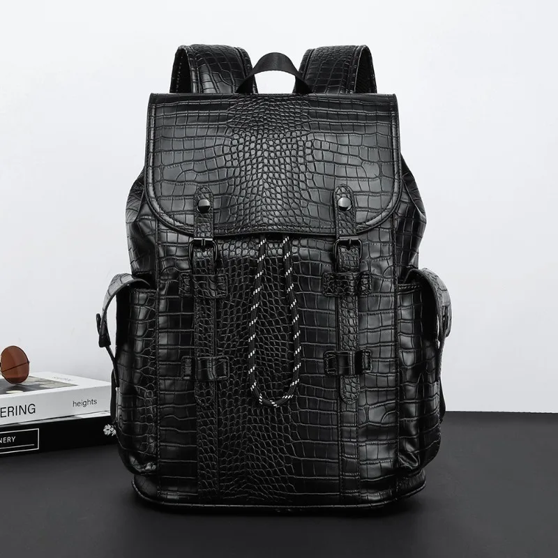Matte Alligator Leather Backpack Men Large Capacity Men's Backpacks Business Travel Bag Anti-theft Flap Drawstring Laptop Bags