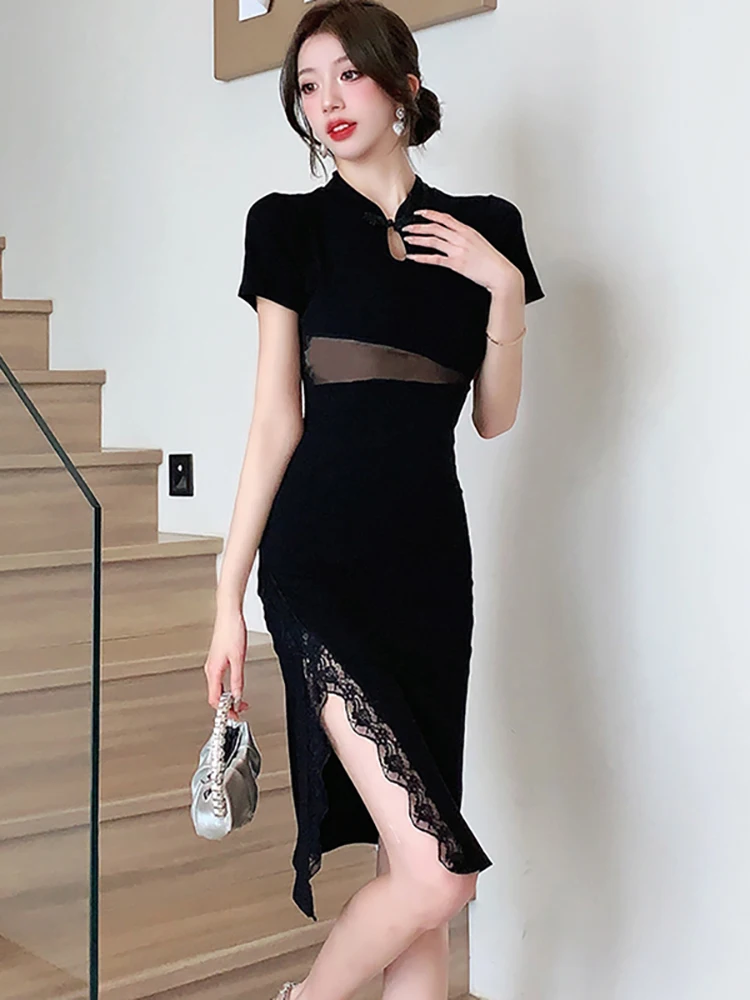 Black Patchwork Mesh Sheer Sexy Lace Slit Midi Dress Women Elegant Luxury Dance Party Dress 2024 New Korean International Dress