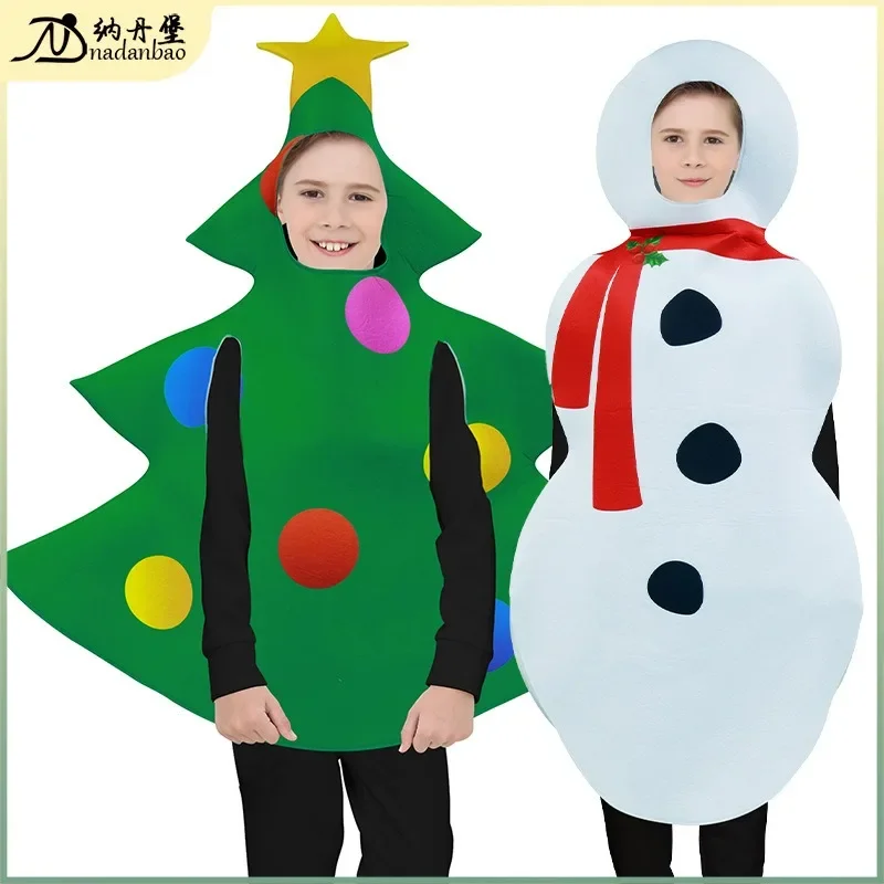 Adult Unisex Cosplay Costume Snowman Print Sponge Clothes Carnival Party Green Christmas Tree Role Play Outfit For Man Kids