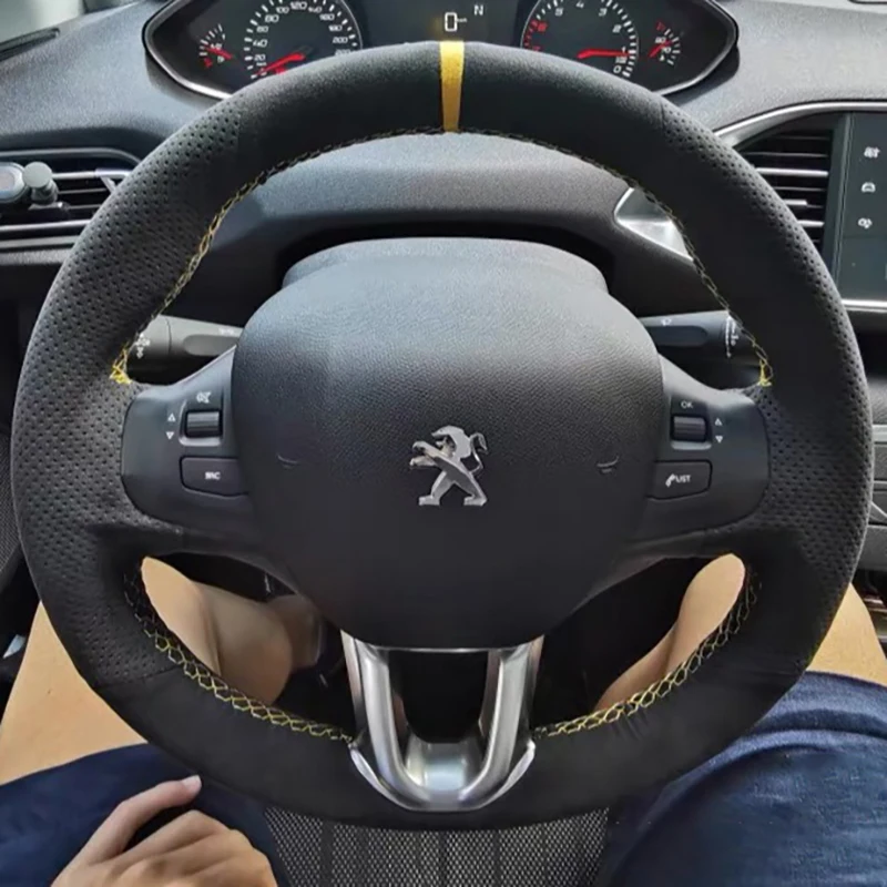 Briad on Steering Wheel Cover for Peugeot 208 Peugeot 2008 2014-2018 Hand Stitched Suede Fur Black Protector Car Accessories