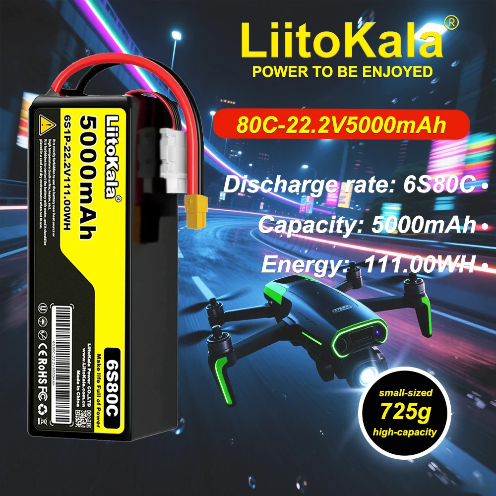 

LiitoKala 6S Lipo 22.2v 5000mah Graphene RC Battery XT90 EC5 Connector for Align SAB helicopters heli Drones Airplane EDF Jets