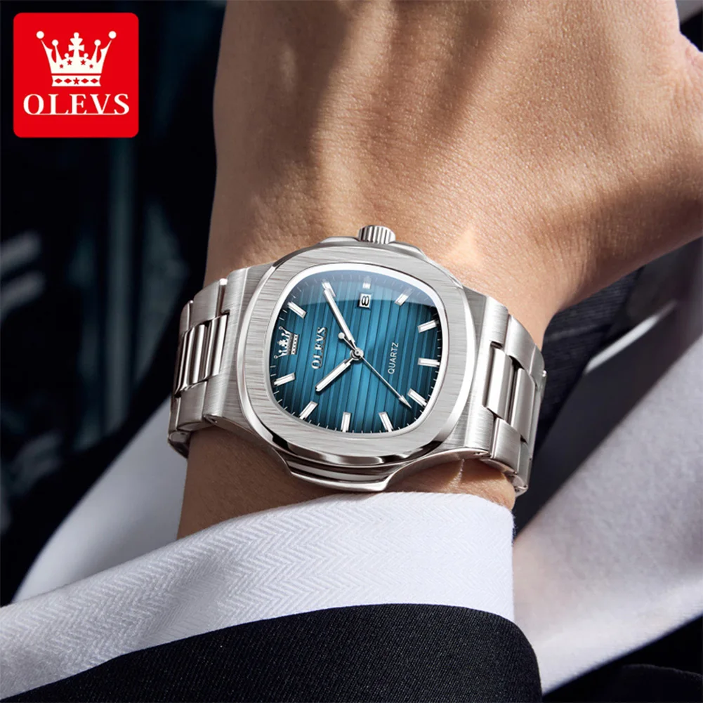 OLEVS 3696 New Men Watch Fashion Simple Calendar Waterproof Stainless Steel Square Quartz Watch Top Luxury Brand Men Watch Reloj
