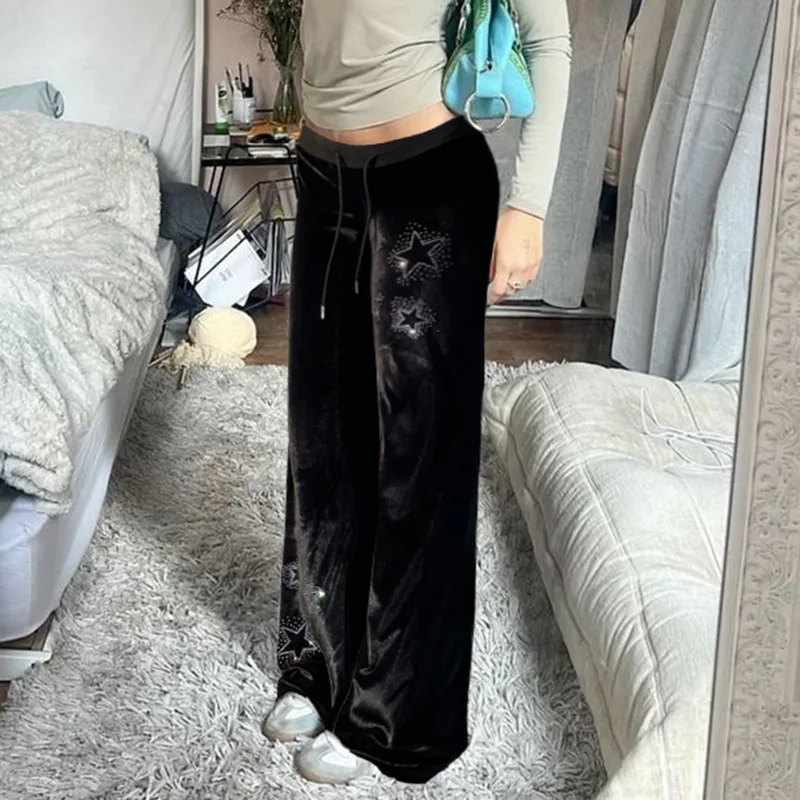 Trendy Frauen Bootcut Hosen Samt Niedrige Taille Dünne Hosen Frühling Herbst Strass Stern Y2K Hosen Kordelzug Casual Jogginghose