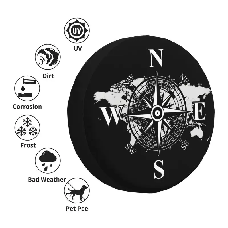 Custom Compass With World Map Spare Tire Cover for Pajero Jeep RV SUV Camper Car Navigate AdventureWheel Protector Covers