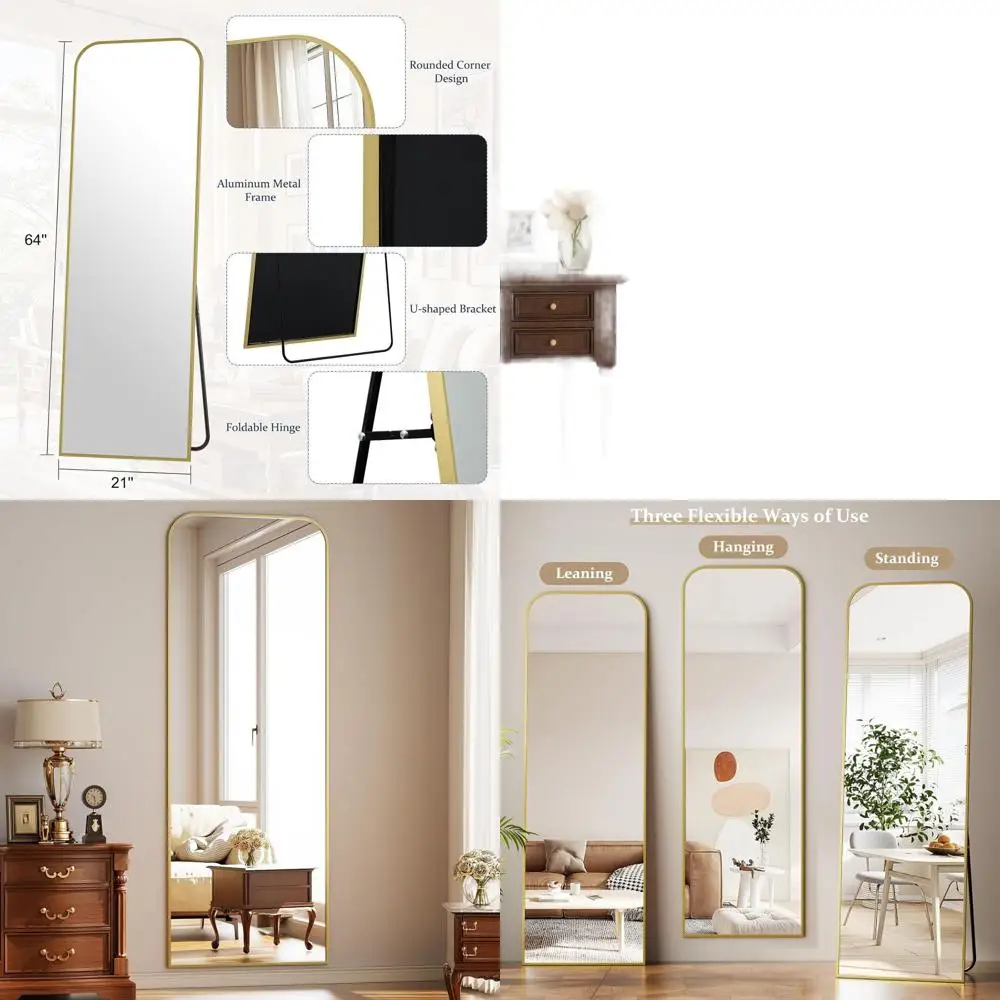 

Арочное напольное зеркало, 64x21 г., алюминиевый каркас, золотое, для просмотра всего тела в спальне или гостиной