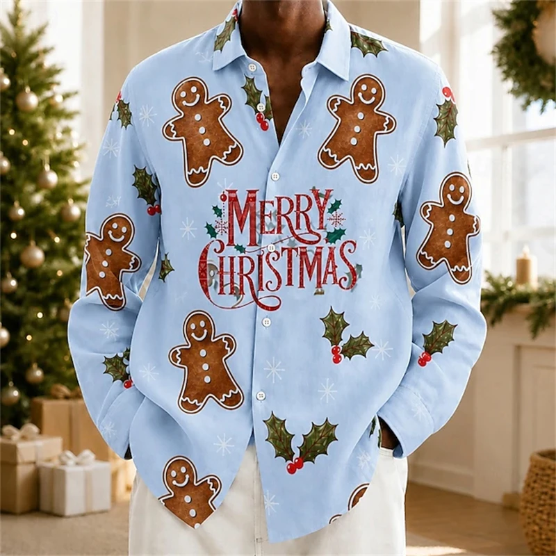 New Men’s Long-Sleeve Christmas Shirt Gingerbread Man Print Button-Down Collared Casual Shirt Festive Party Street-Style Top