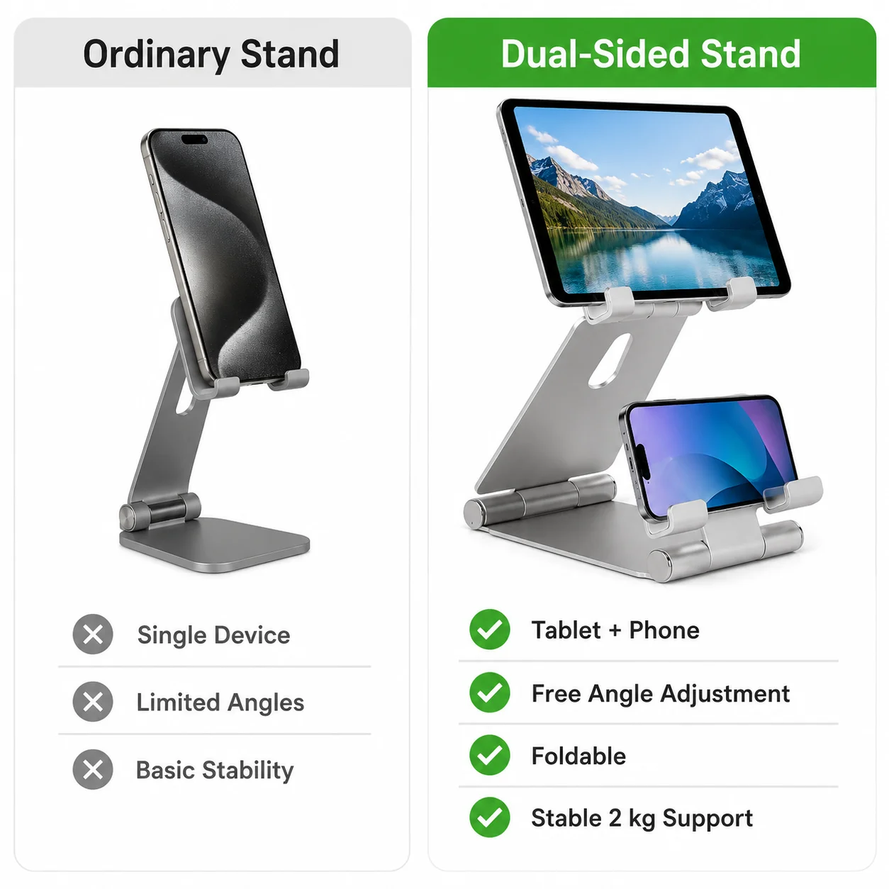 Dual Layer Aluminum Phone Tablet Stand, Foldable Holder for iPad & iPhone, Adjustable Angle, Desktop Accessory for Home Office W