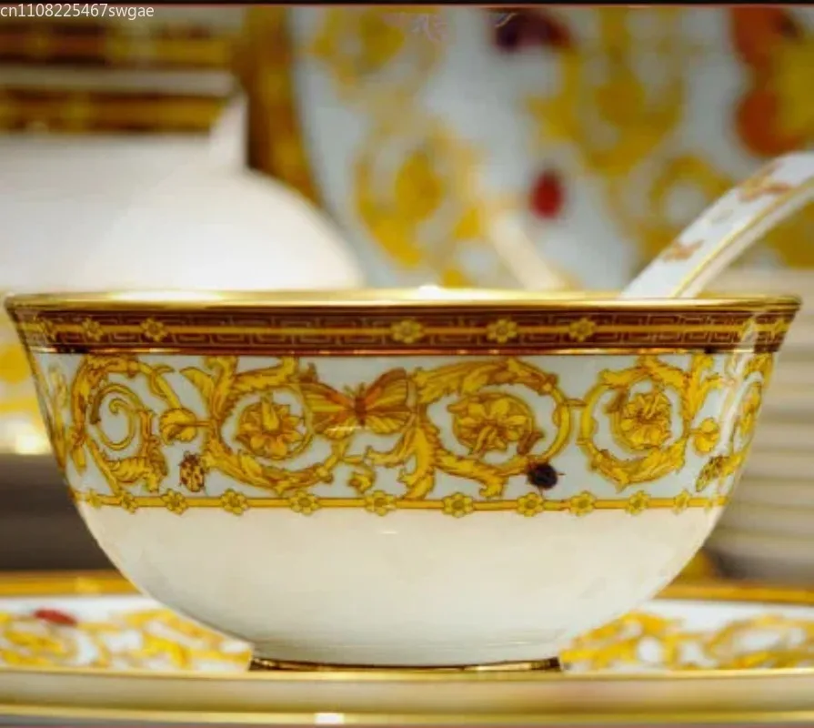 European-style Luxury High-end Tableware Set Golden Butterfly 58 Sets of Tableware  Bone China