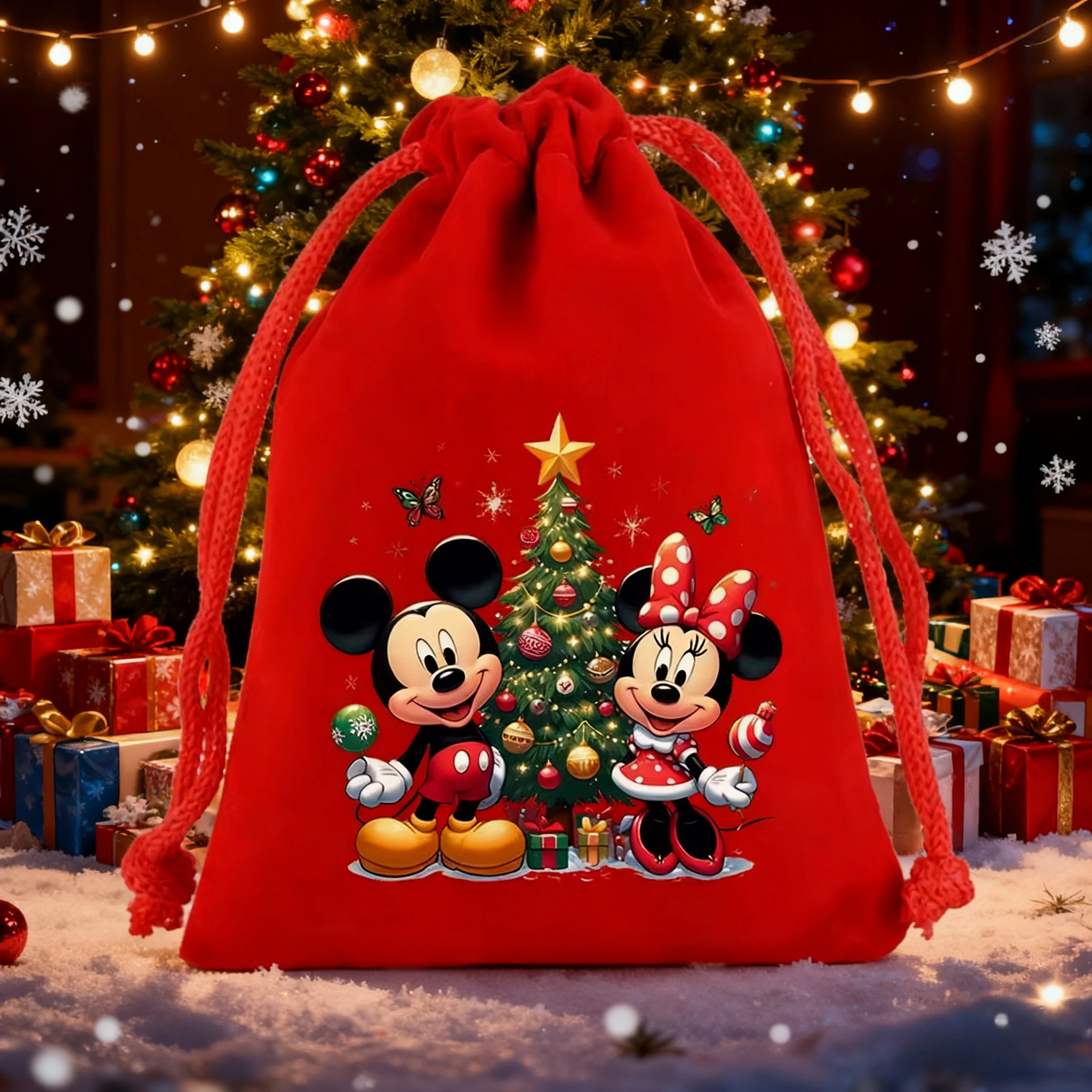 Mickey mouse sacos de cordão de natal disneys minnie anime árvore de natal pingente ornamento crianças brinquedos presente embalagem bolsa decoração para casa