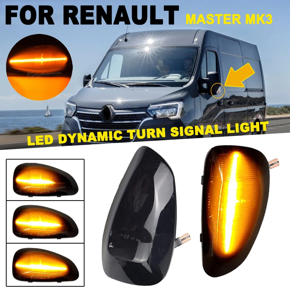 LED ديناميكية بدوره مصباح إشارة لرينو ماستر III 3 EV FV HV JV UV 2010-2023 الجانب مرآة متتابعة تدفق المياه الوامض