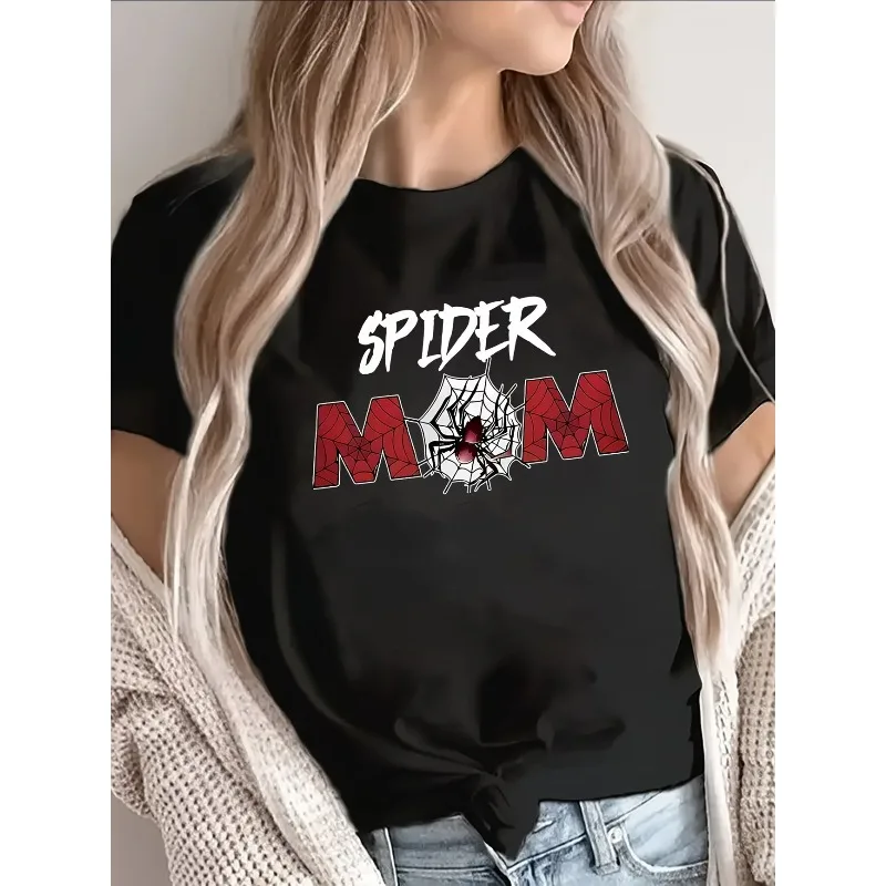 Women Spider Mom T-shirt with Eye-catching Pattern Casual Short Sleeved Top Is Perfect for Dining At Home or Outdoor Activities
