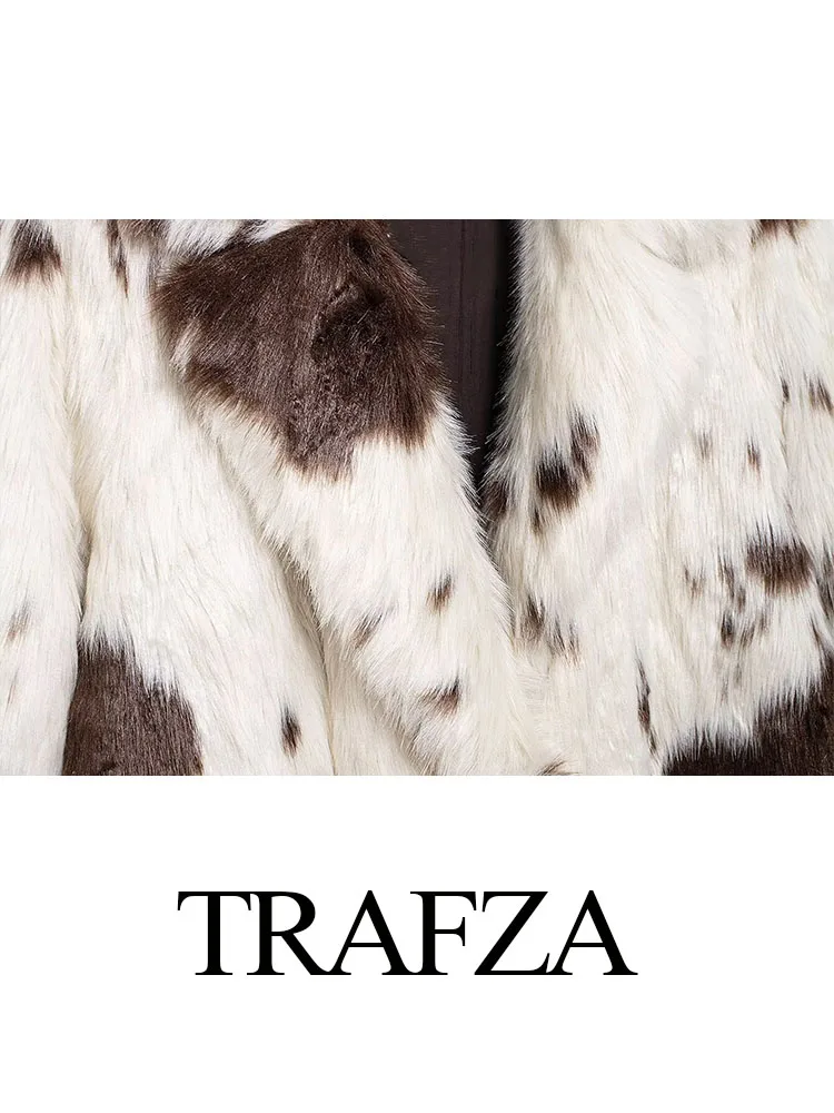 TRAFZA 2024 여성용 따뜻한 두꺼운 캐주얼 동물 프린트 인조 모피 롱 코트, 긴 소매 라펠 싱글 브레스트 재킷, 겨울