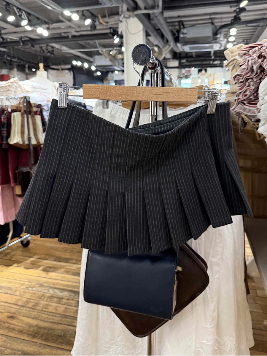 Gray Striped Mini Pleated Skirt Women Summer Buttons Low Waist A-line Short Falda Bottom Preppy Style Casual Sweet Cotton Skirts