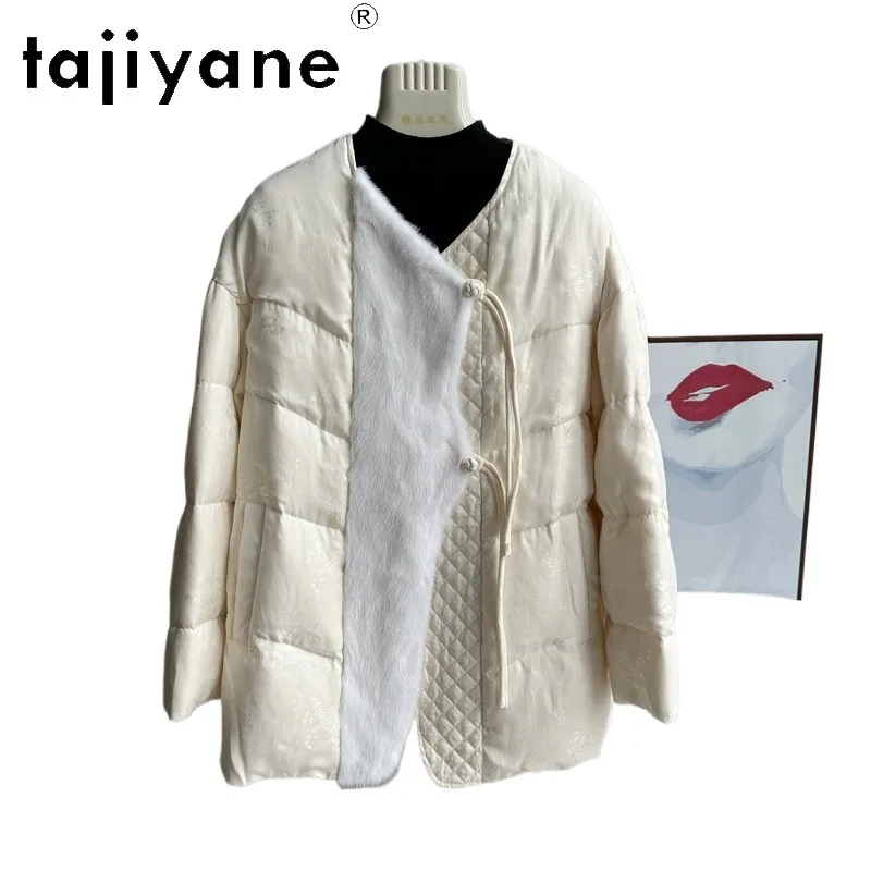 TAJIYANE High Quality Mink Fur Spliced Goose Down Jacket Women Winter Coat Mid Length Puffer Jacket Round Neck Coats for Woman