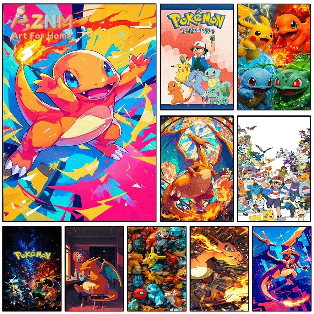 AZNM Charmander Colorful Pop Art Canvas Wall Print, Pokemon Fire Type Starter Creature Art Poster, Unframed Canvas Painting fo