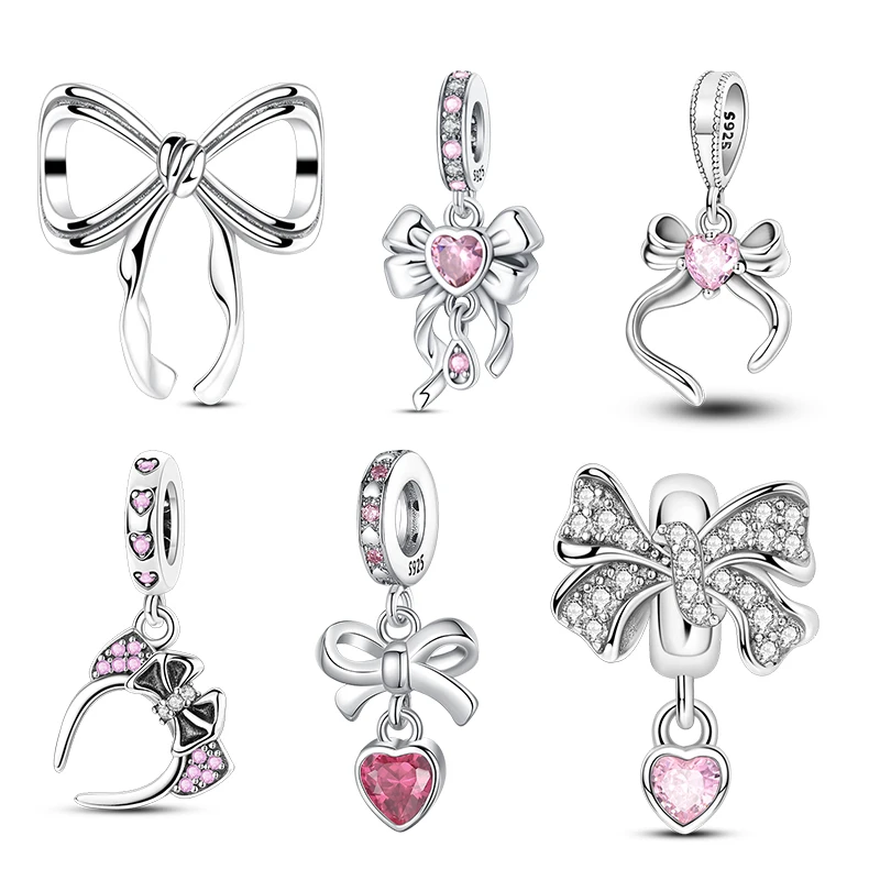 

925 Серебряный Розовый Лук Девушка Сердце Подвески Подходит 3 мм 925 Оригинальный Браслет Ожерелье Женские Изысканные DIY Ювелирные Изделия Подарки 2025 Новинка