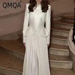 QMQA Fashion Women's Minimalist Two Piece Set Stand Collar Long Sleeve Spliced Button Tops High Waist Skirt Sets Female QM238