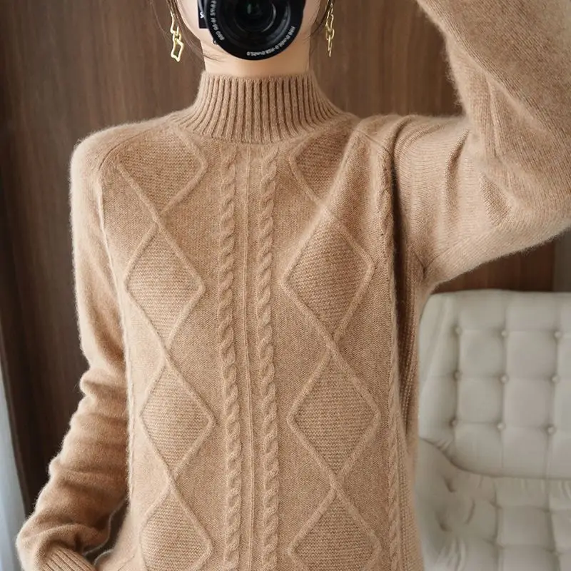 2023 Autumn Winter Women Fashion Half High Collar Soft Warm Knitted Sweater Female Solid Long Sleeve Loose Pullover Tops Jumpers