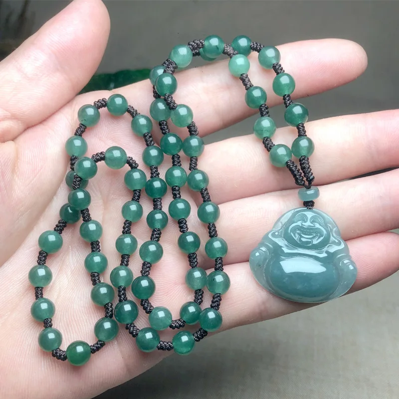 

Fine Jewelry Natural Jade A+ Jadeite Blue Water Laughing Buddha Jade Pendant for Women