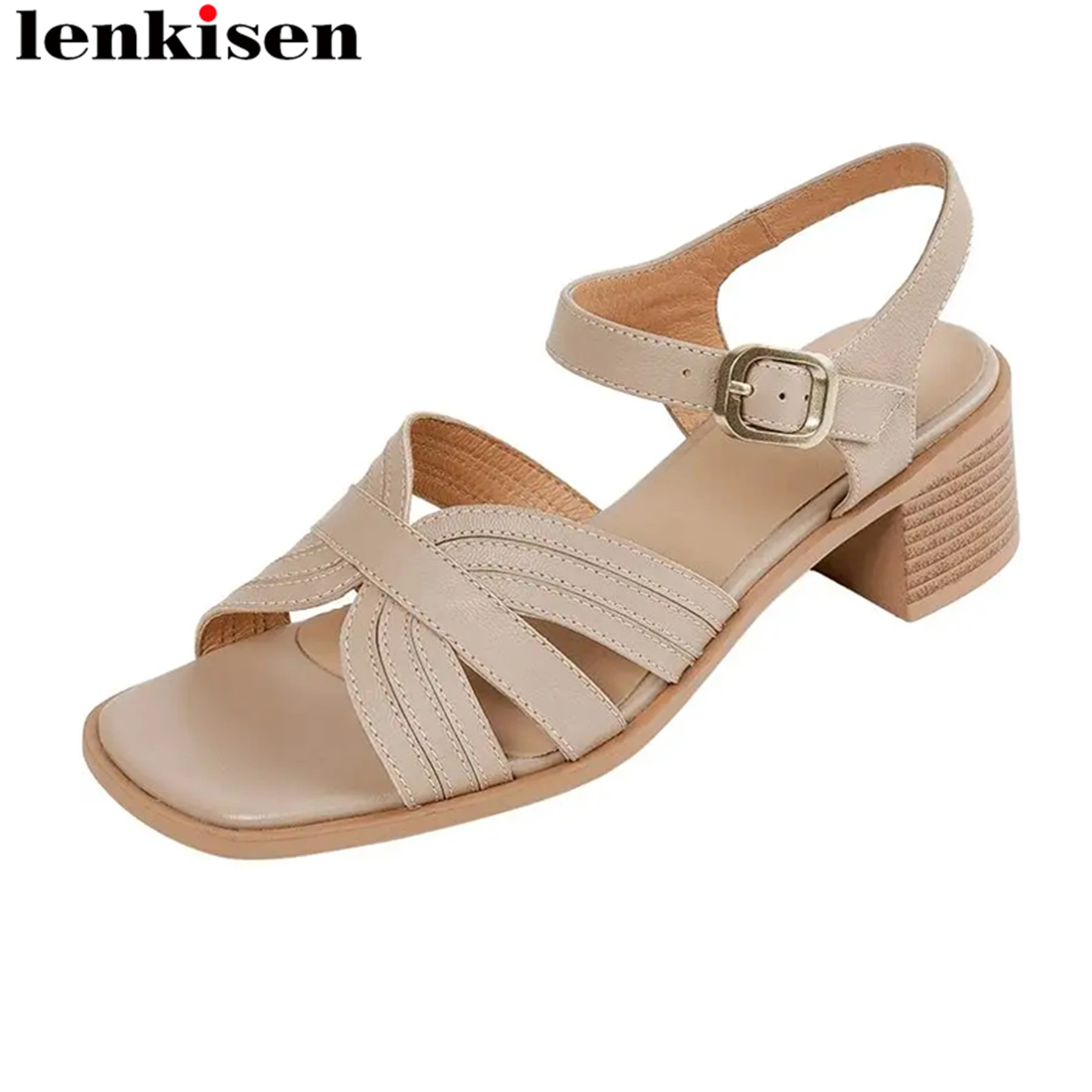 

Lenkisen Sheepskin Classics Chunky High Heels Summer Shoes Buckle Straps Elegant Dress Comfor Apricot Color Sandals For Women