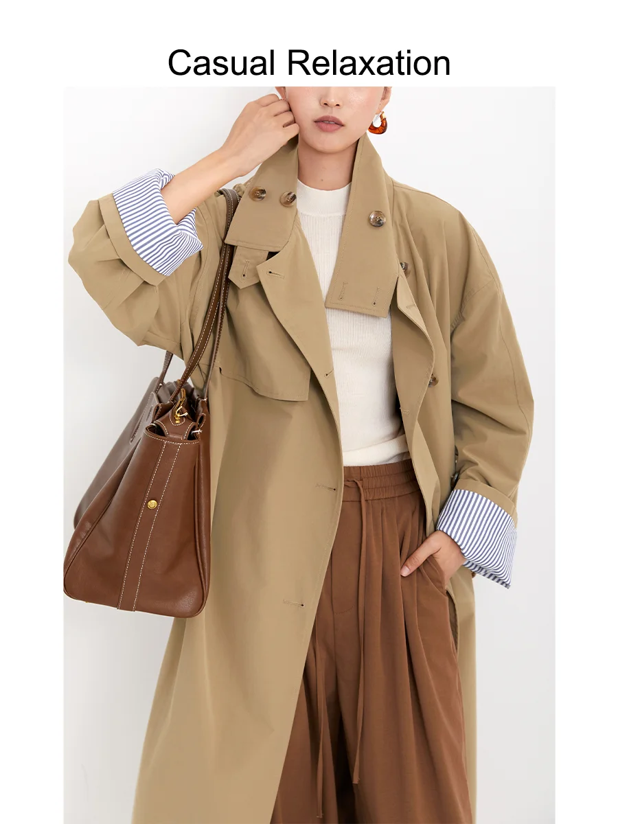 

CR Long Coat Jaet Stand Collar oulder Width Classic ape Spring Autumn New Sle Elegance Women's Striped Sve Cuff Kh...