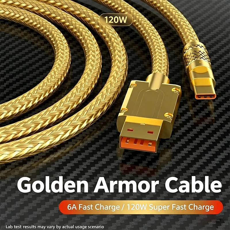 12OW USBA To Type C Cable For iPhone 15 16 17 series PD Fast Charging Gold Armor Braided Dat Cord For Xiaomi OppO samsung