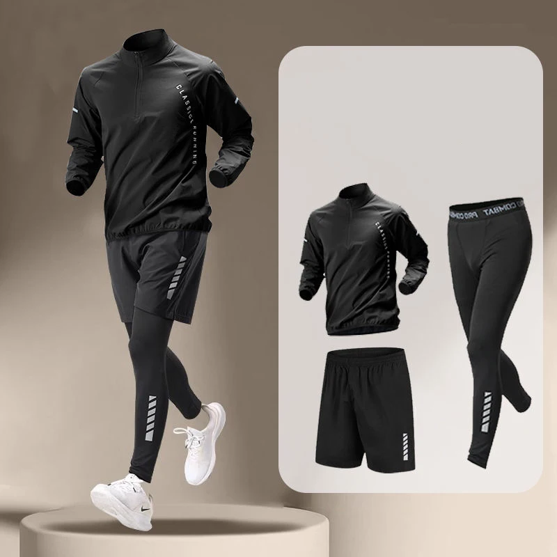 Morning Run New Track Field Sports Training Running Set Men\'s Stand Collar Half Zipper Quick Drying Clothes Long Sleeved T-shirt