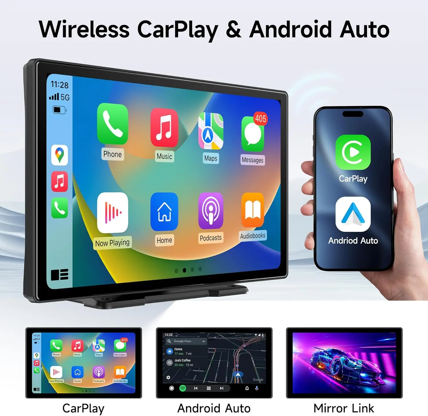 9인치 무선 카플레이 안드로이드 오토 터치스크린, 4K 블랙박스 및 후방 카메라, 블루투스 GPS 네비게이션 FM 시리 미러링크