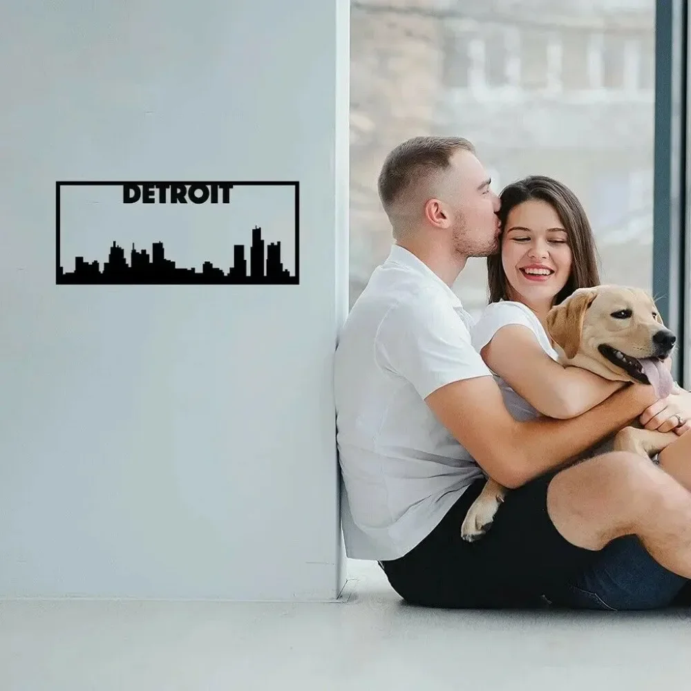 HELLOYOUNG Detroit Cityscape Metal Wall Decor,Skyline Silhouette Wall Sign,Modern Indoor Wall Art Decoration