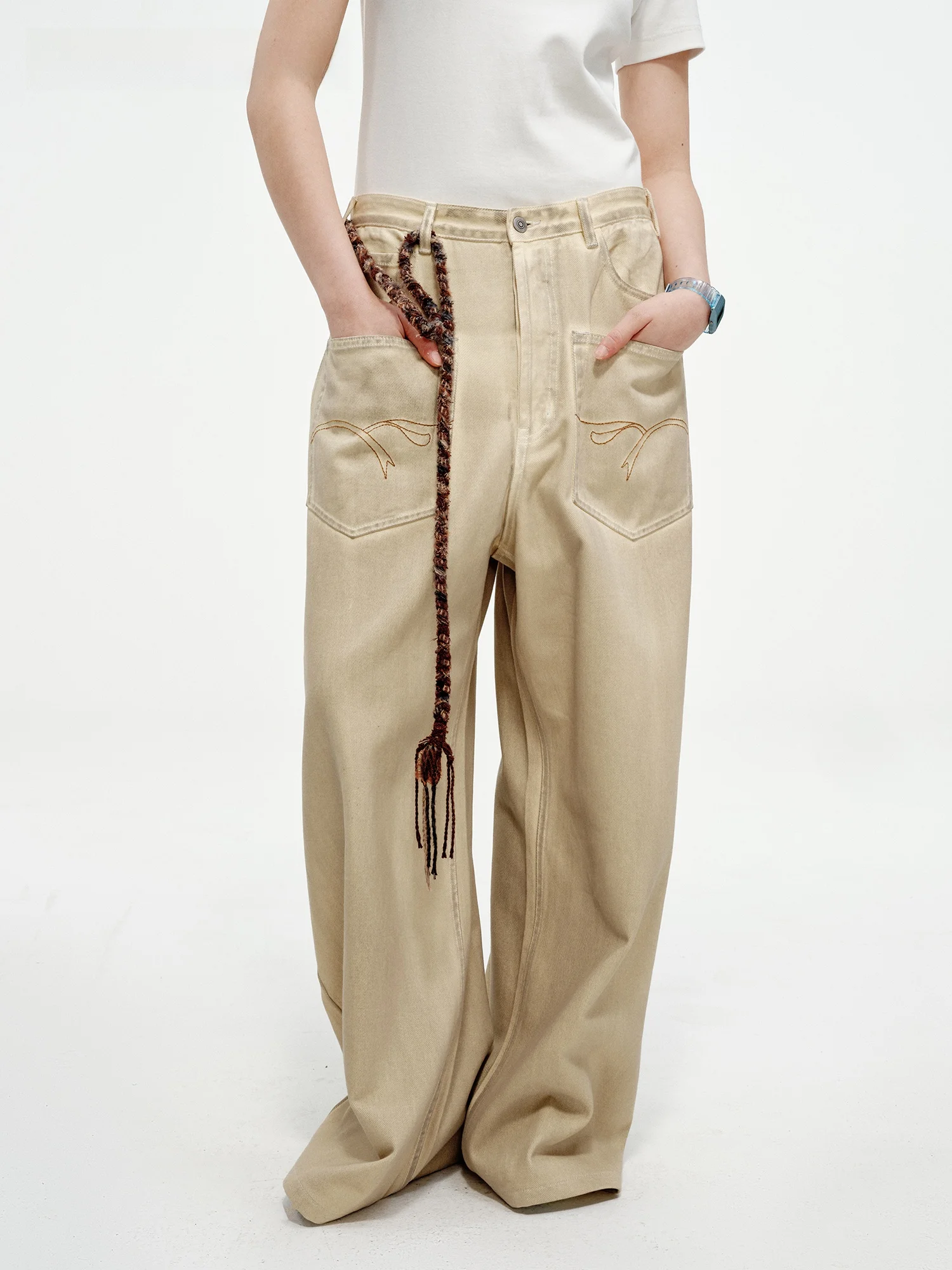 

Retro Washed Hand-Painted Loose Wide-Leg Jeans Vermo Low Waist Denim Pants with Patch Pocket Unisex Four Seasons