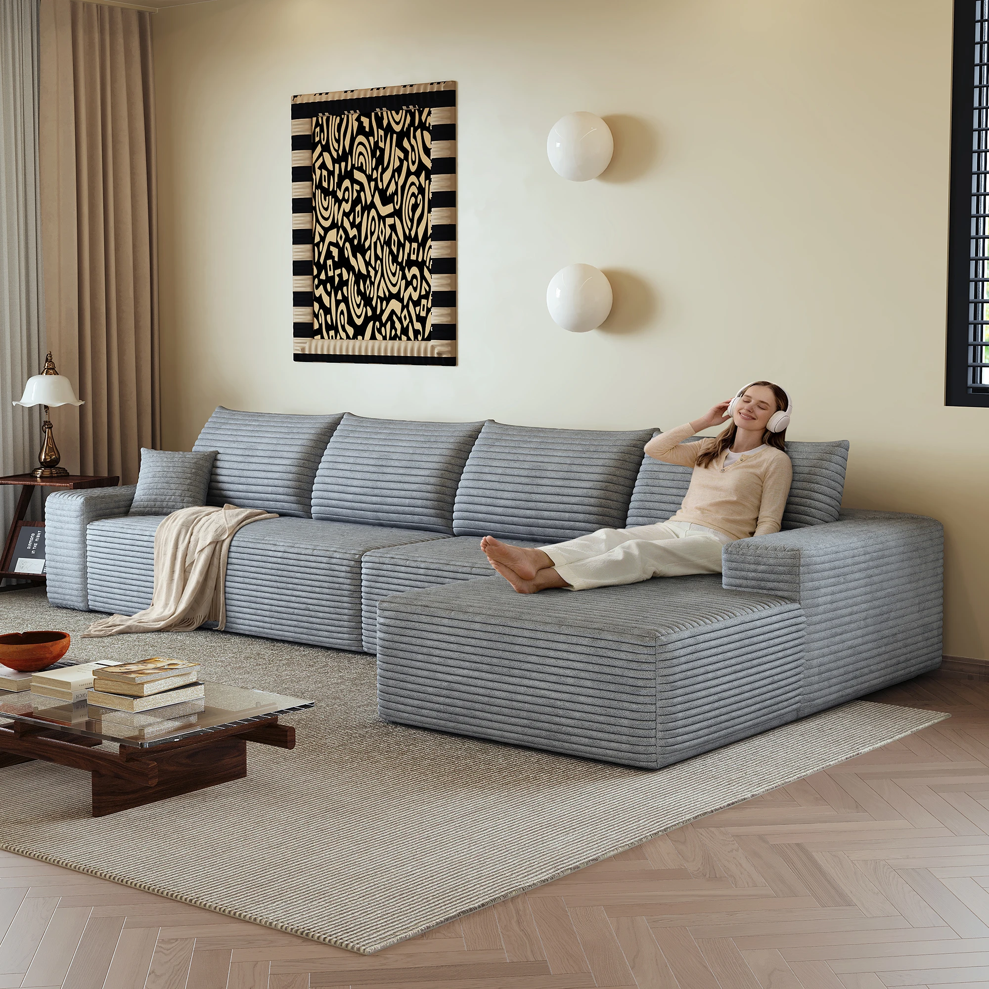 Factory Direct 2026 340cm Boneless Modular Sofa with L-shaped Chaise Longue, modern modular sofa with deep seat, no assembly req