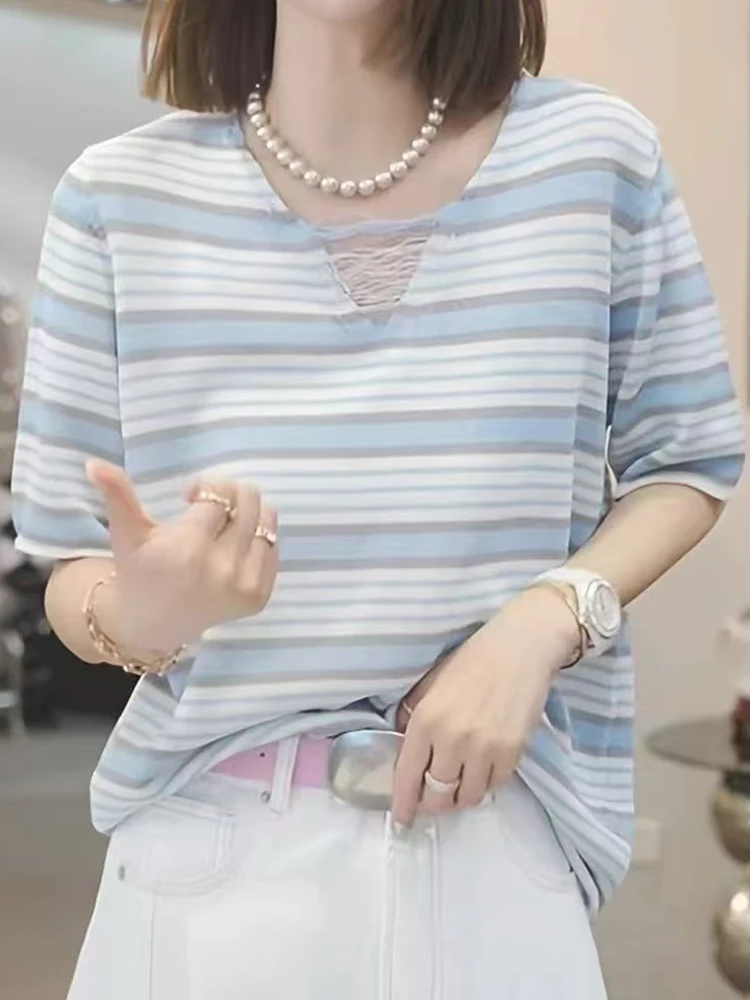 

Летний мягкий модный свободный вязаный топ из ледяного шелка с коротким рукавом для женщин, комфортный, приятный для кожи, в стиле кэжуал.