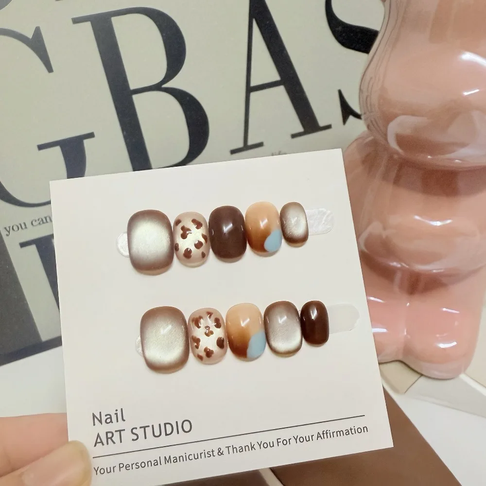 

10 шт., золотые осенние милые ногти с леопардовым принтом, ручная работа, теплые коричневые накладные ногти «кошачий глаз», съемные, многоразовые