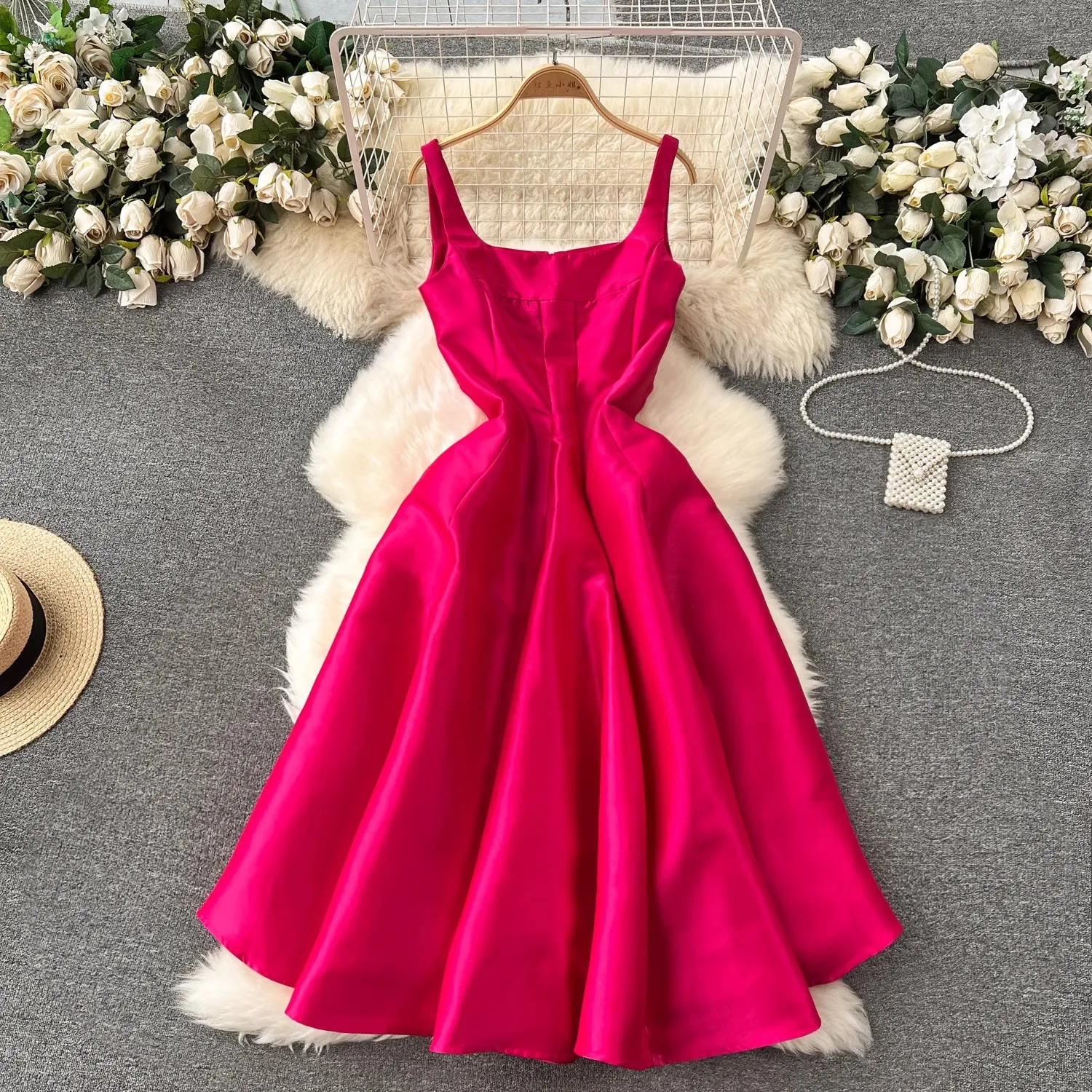 High Quality Fashion Designer Women Autumn Spring Sexy Square Collar Sleeveless Spaghetti Strap Party Evening Dresses