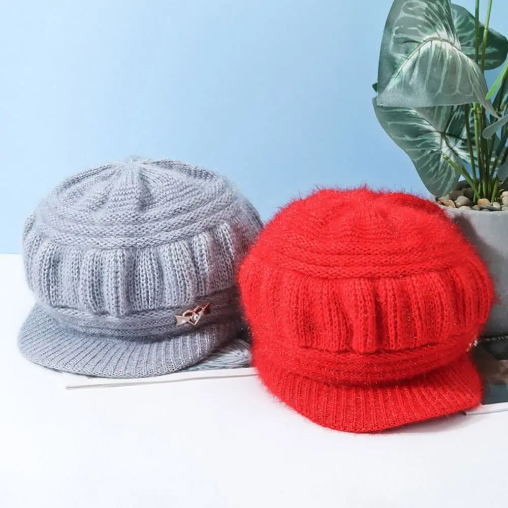 Women's Fashion Knitted Wool Hat Solid Color Windproof Plush Cap Winter Headwear Middle Aged