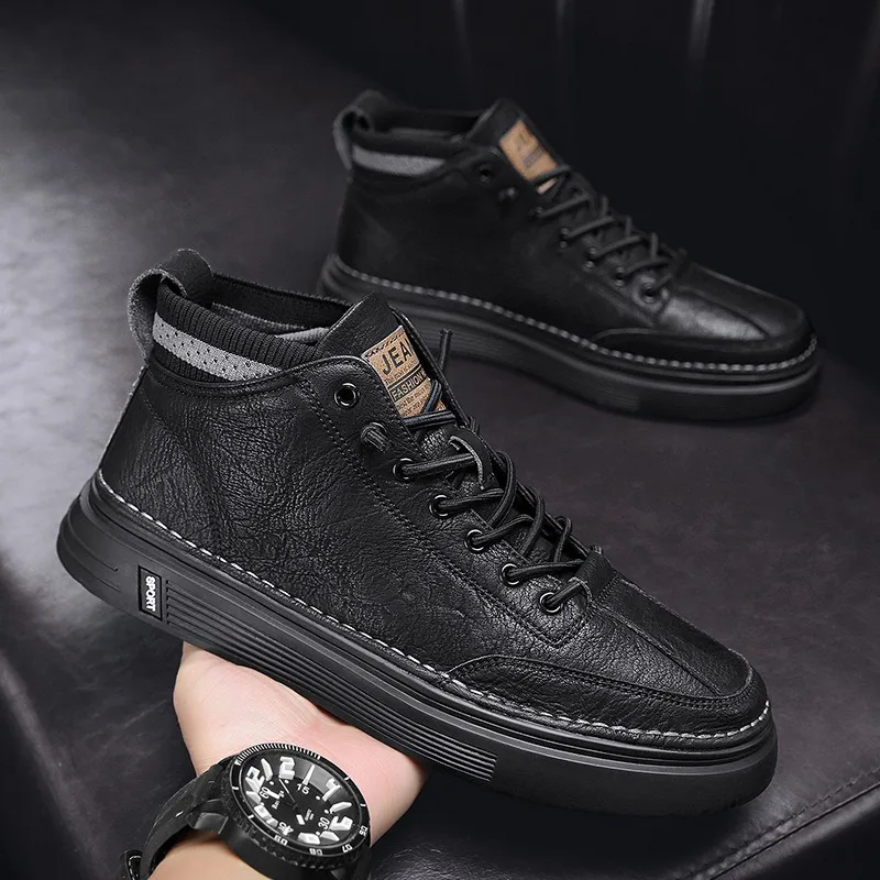 Trendy New 2024 Men's Shoes Work Fashion High Top Board Shoes Casual Leather Shoes Martin Boots Fashion Hundred