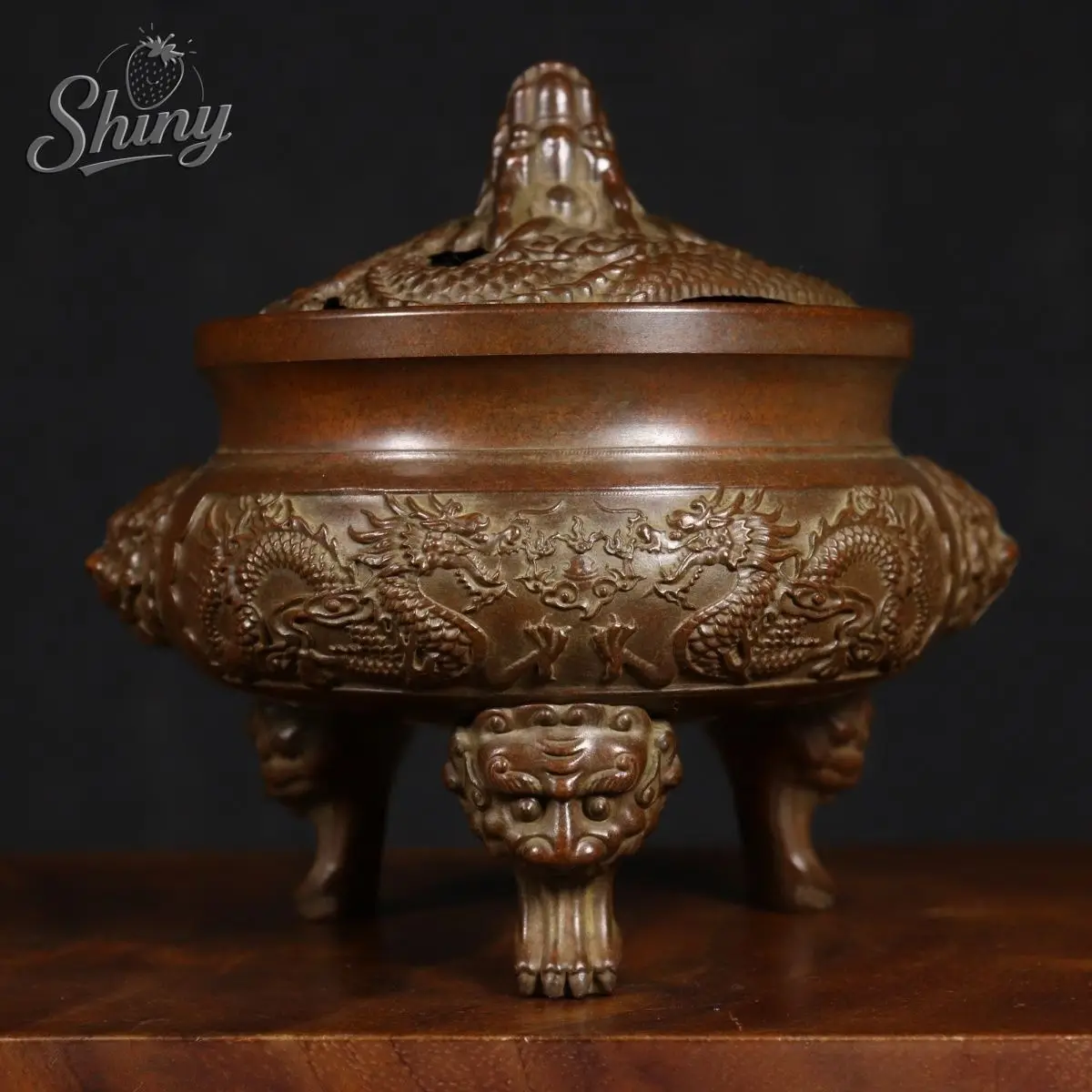 

5.9" Antique Copper Double Dragon Incense Burner Retro Three-legged Aromatherapy Burner Buddhist Home Living Room Ornament