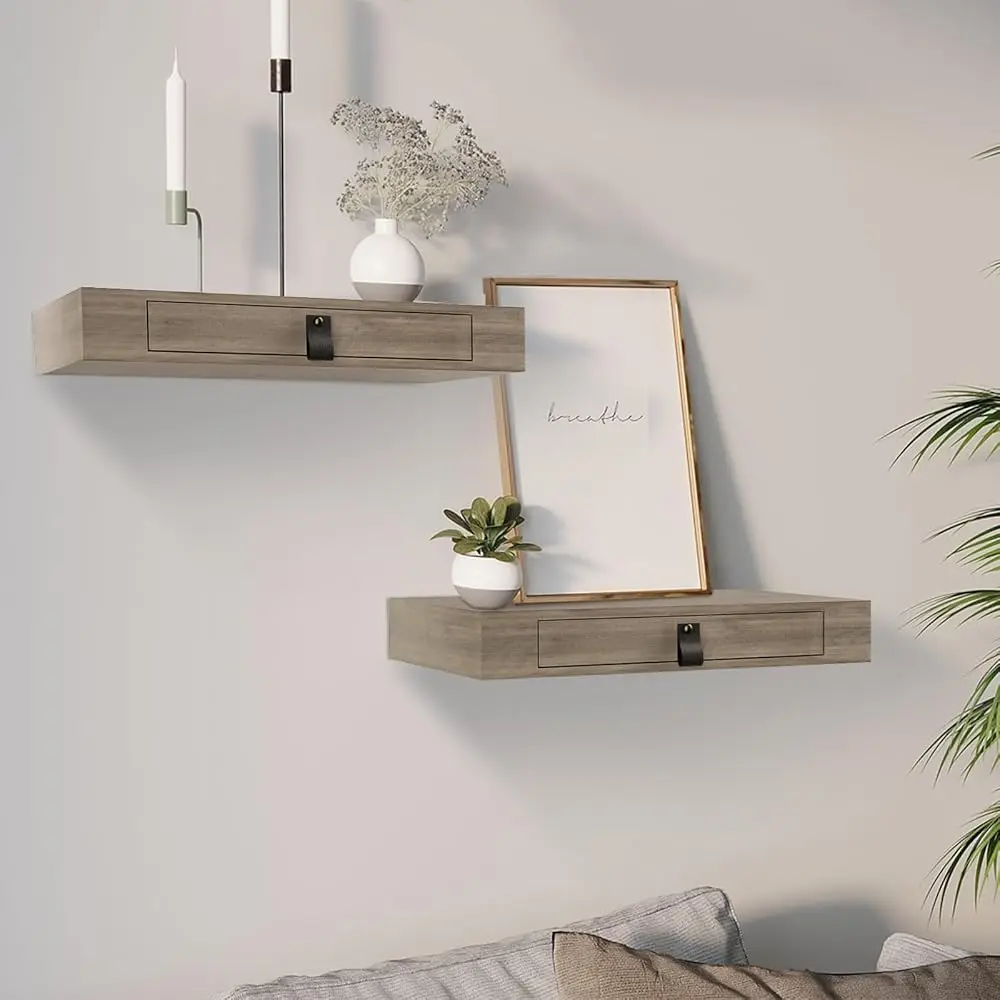 

Set Of 2 Floating Shelf With Drawer - Nightstand For Bedroom, Bathroom Or Kitchen - 16' Wall Shelf With Storage - Light Grey