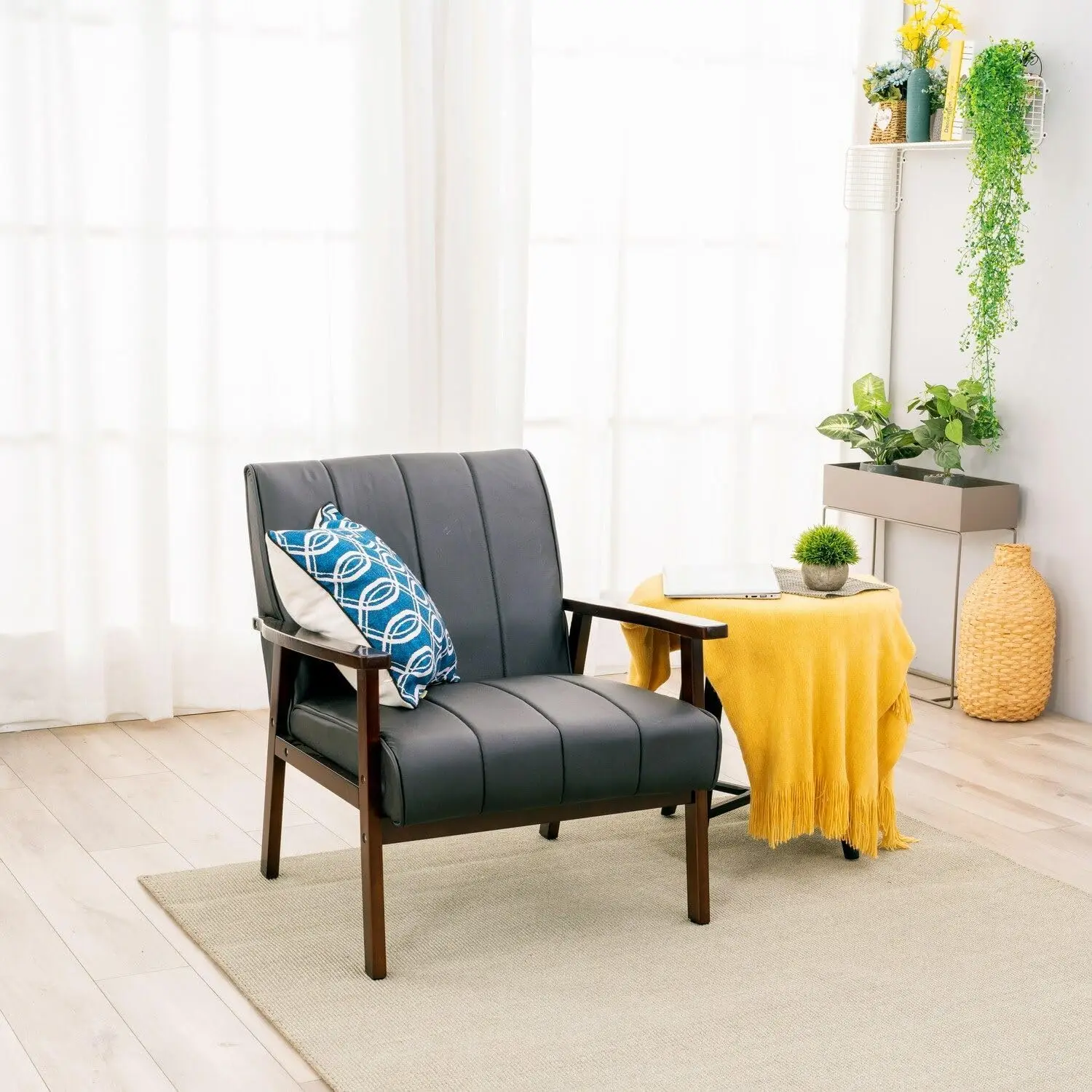 

Mid Century Modern Accent Chair with Wood Frame, Upholstered Black Faux Leather Living Room Chairs with Waist Cushion