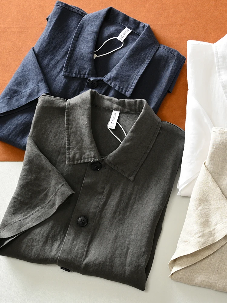 

Summer Men's Lightweight Breathable Linen Short Sleeve Shirt Loose Casual Collared Full Linen Loose Fit Casual Shirt