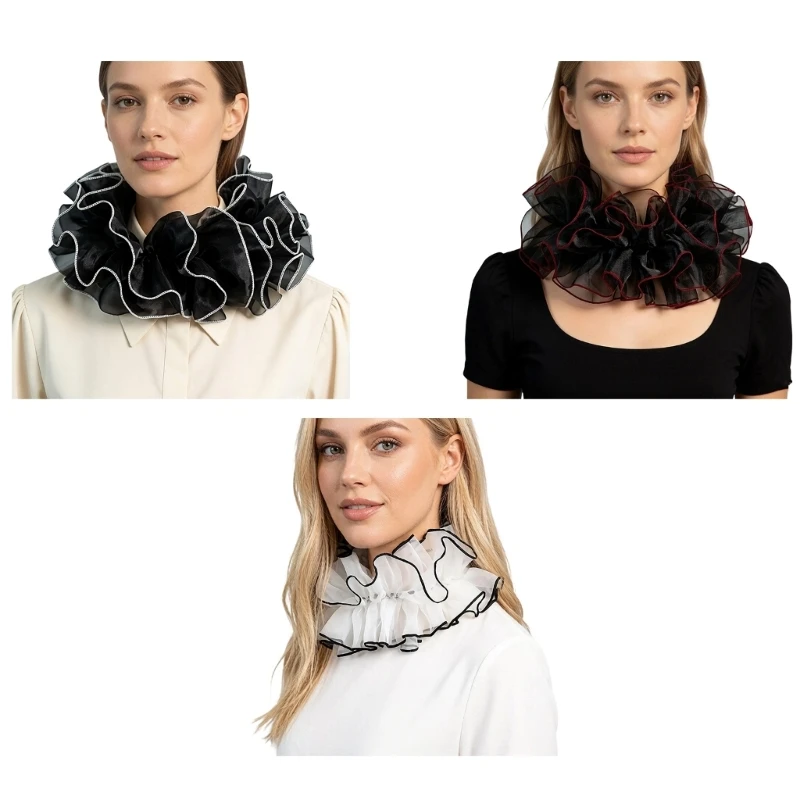 HX6F Women Detachable Ruffle Collar Jabot False Collar Multilayer Design Neckpiece