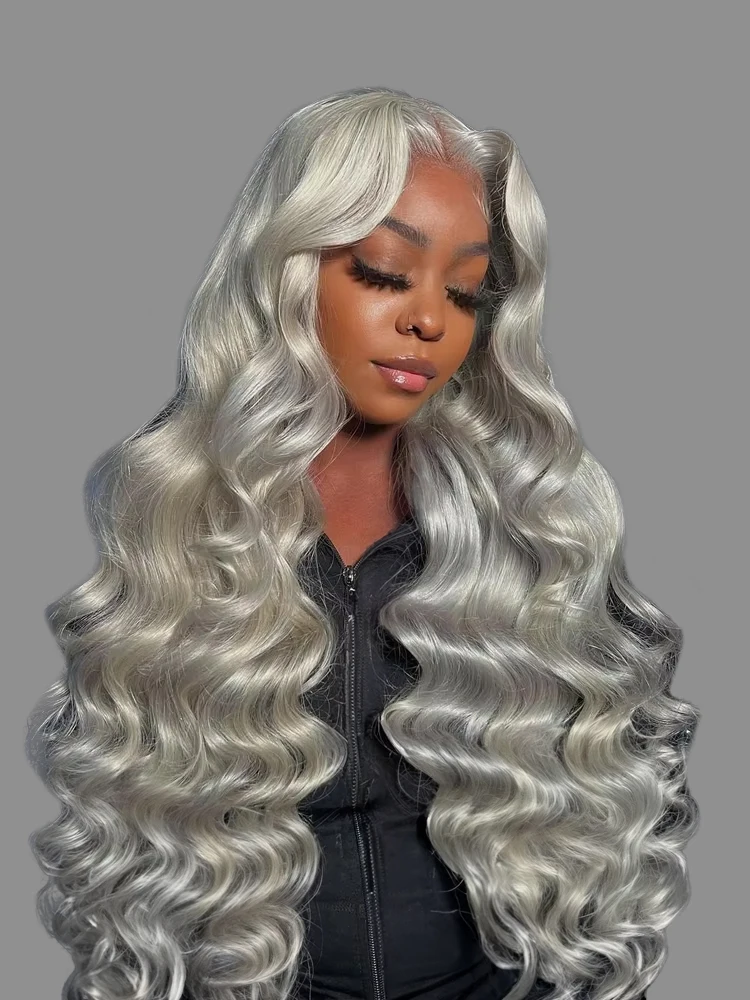 رمادي الباروكات 100% الخام الفيتنامية خصلات الشعر المستعار الإنسان الجسم موجة الفضة الدانتيل الجبهة خصلات الشعر المستعار الإنسان للنساء رمادي 13x6 HD الدانتيل الباروكات #1