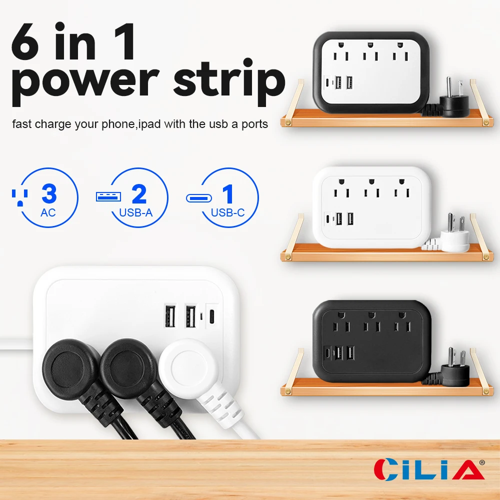 

Us Travel Plug Adapter, US Power strip, multi-port, one Type-C and 2 USB ports, 3 AC sockets, 3 foot extension cord