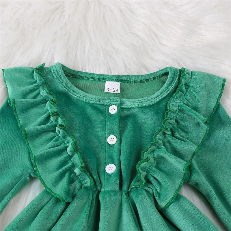 Girls Velvet Dress Ruffled Trim Long Sleeve Button-up Dresses Bow Headband Adorable Outfits